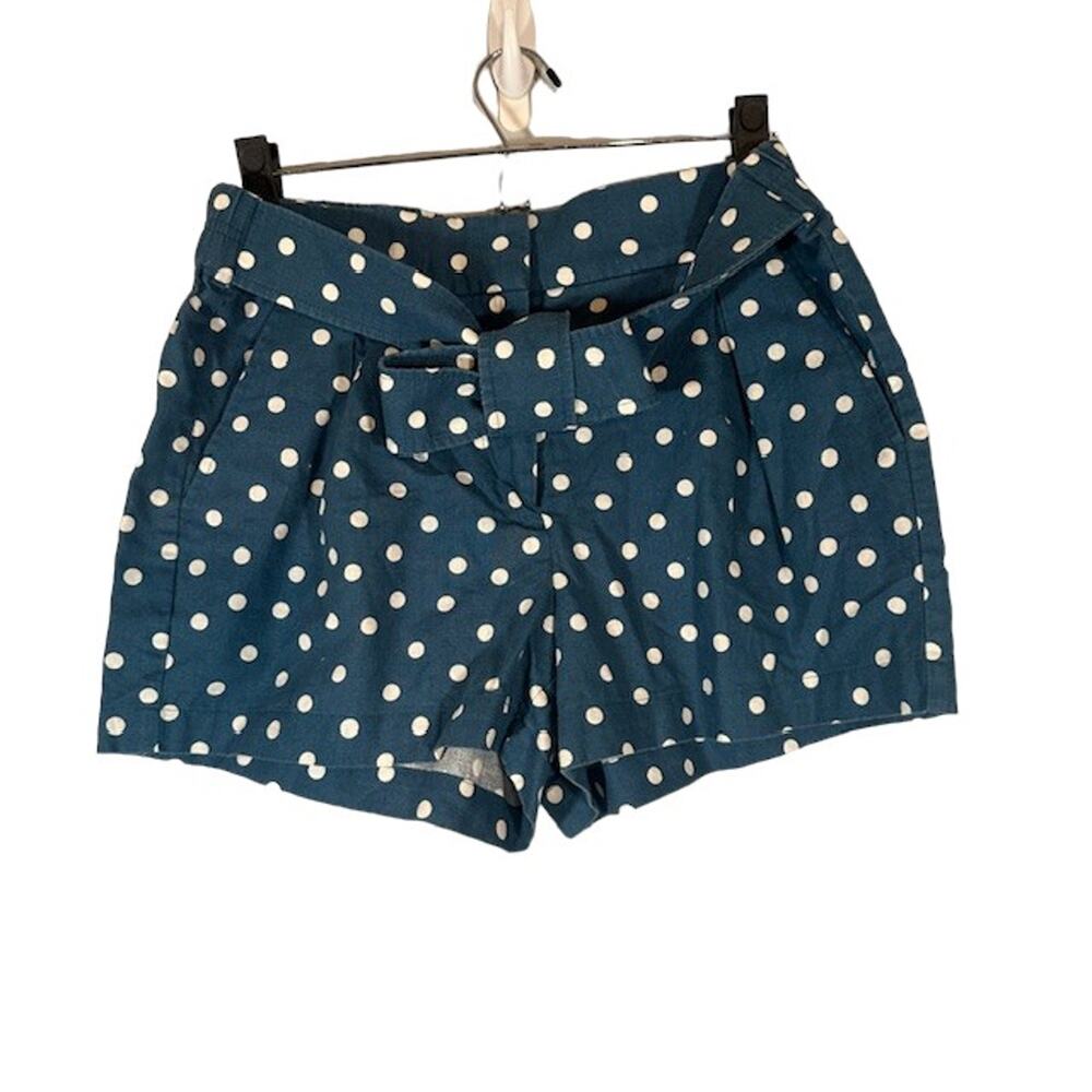 J.Crew Blue White Polka Dot Linen Blend Belted Dress Shorts Women Size 8